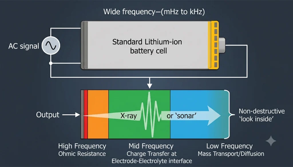 Diagram comparing load testing, dynamic-response testing, data-based estimation, and electrochemical impedance spectroscopy by diagnostic depth