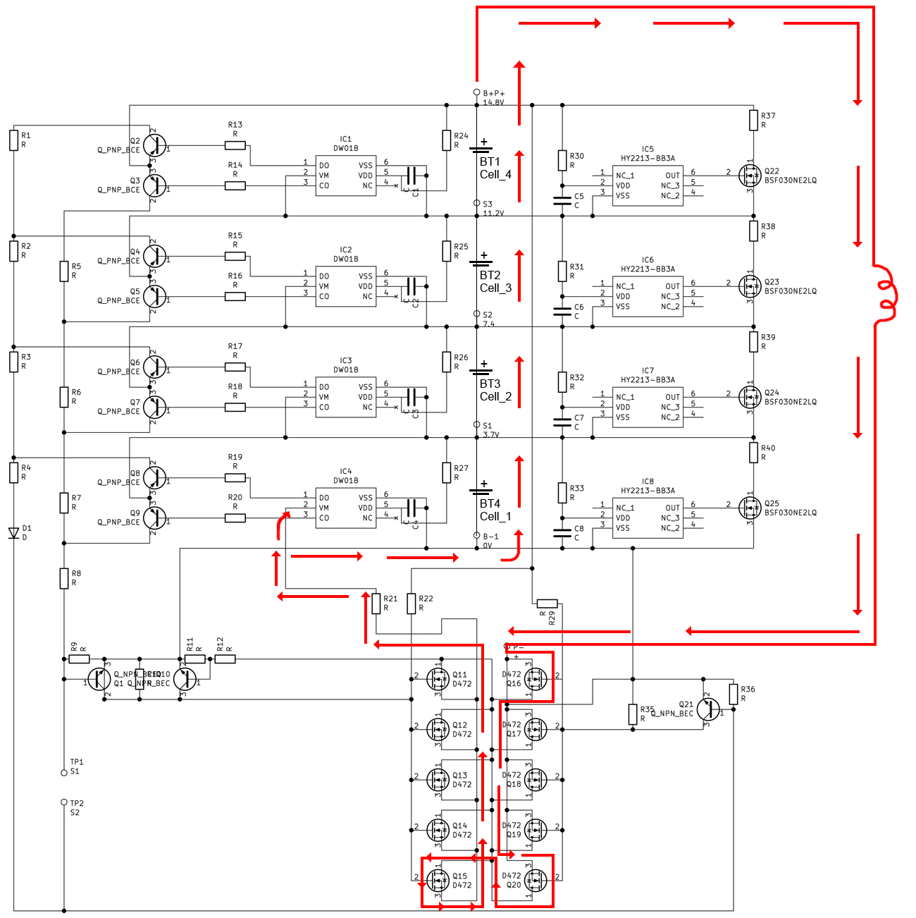 Schematic of lithium-ion cells connected in series and parallel with BMS, fuse, temperature sensor, and pack terminals.