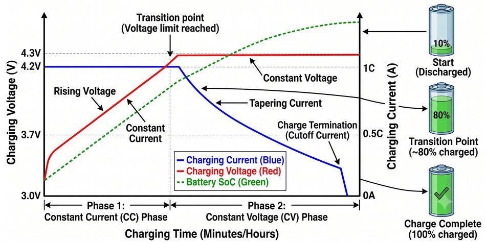 Lithium-ion charge curve showing an early constant-current region followed by voltage-limited current taper near full charge.
