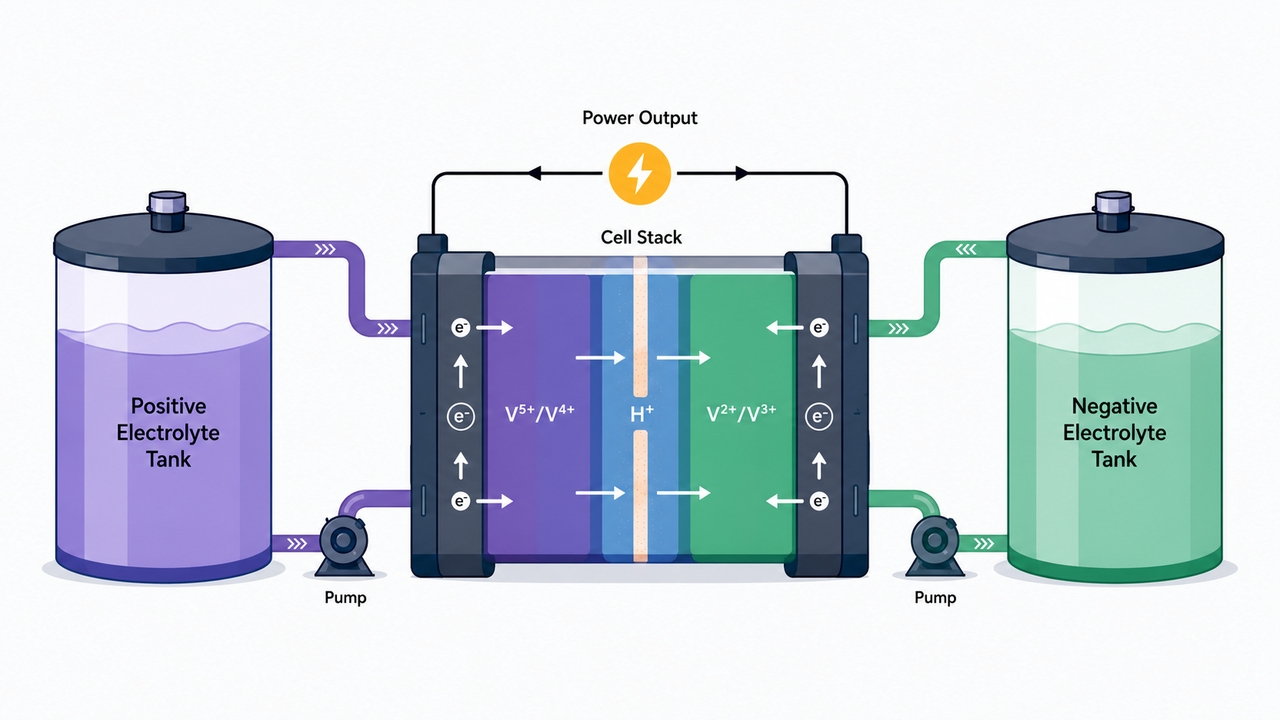 Diagram showing flow battery energy capacity scaled by electrolyte tanks and power scaled by the cell stack.