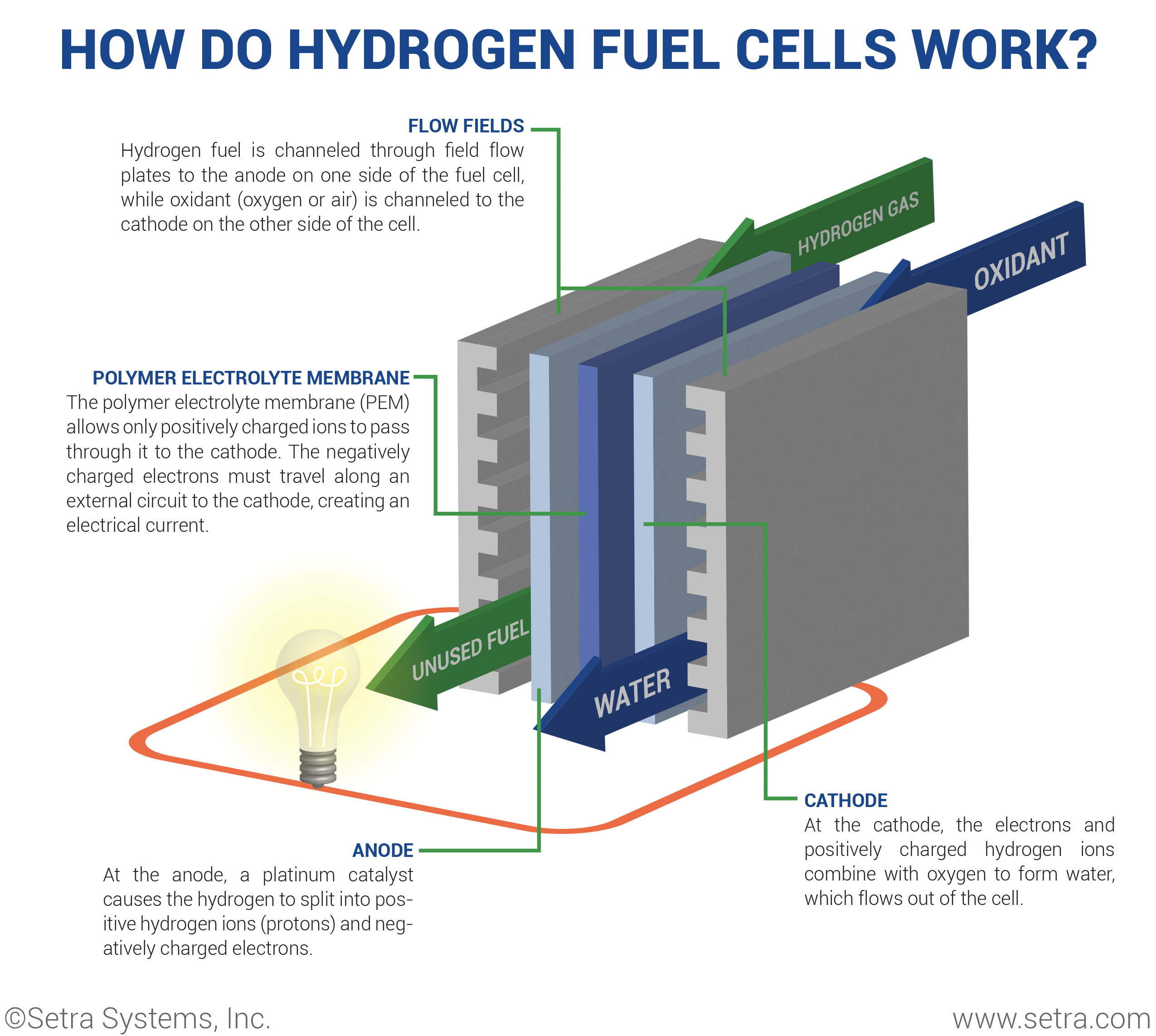 Diagram of a hydrogen fuel cell showing hydrogen at the anode, oxygen at the cathode, ion transport through the electrolyte, electron flow through an external circuit, and water formation.