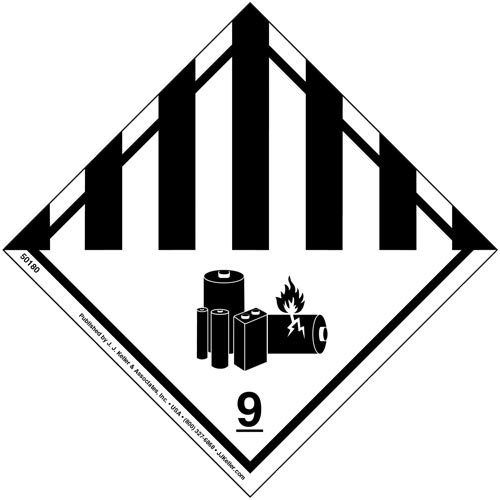 Diagram of lithium battery package markings including Class 9 label, UN number, lithium battery mark, and Cargo Aircraft Only label.