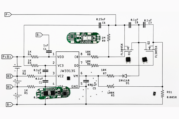 Diagram of a lithium-ion battery pack showing cells, protection circuit, temperature sensing, fuse, charger, and load connections.
