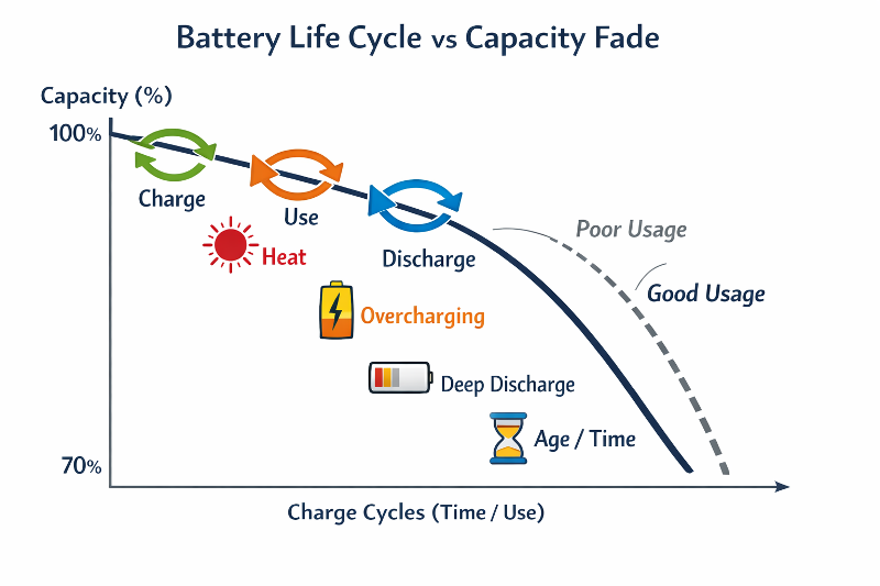 Diagram showing battery capacity declining toward a target threshold while a reserve of Leftover Charge remains after a work period.
