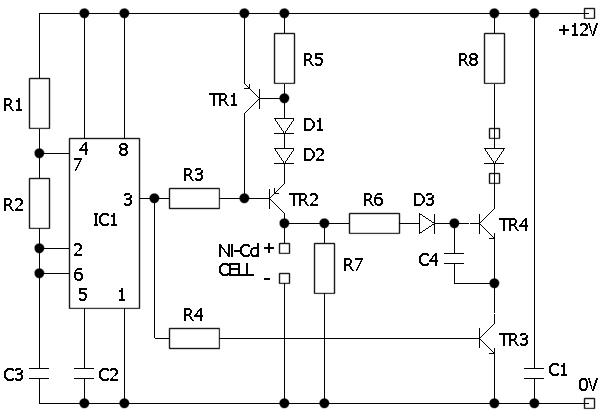 Schematic showing a charged capacitor connected across a single NiCd cell for a brief high-current pulse