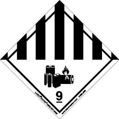Examples of lithium battery air shipment marks and labels including battery mark, Class 9 lithium battery label, and Cargo Aircraft Only label.